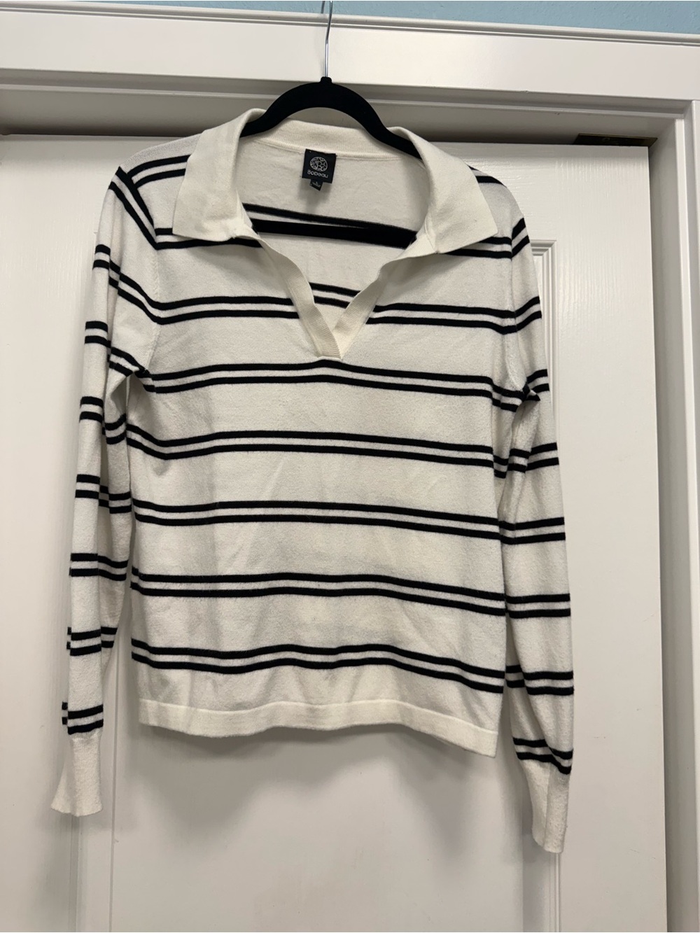 bobeau White & Black Striped Polo Knit Sweater
